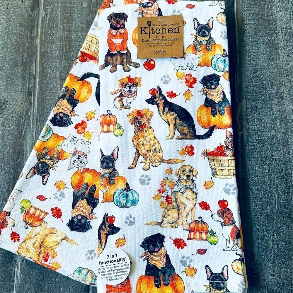 Fall Dogs Autumn Pumpkin Leaves Kitchen Dish Towels Set